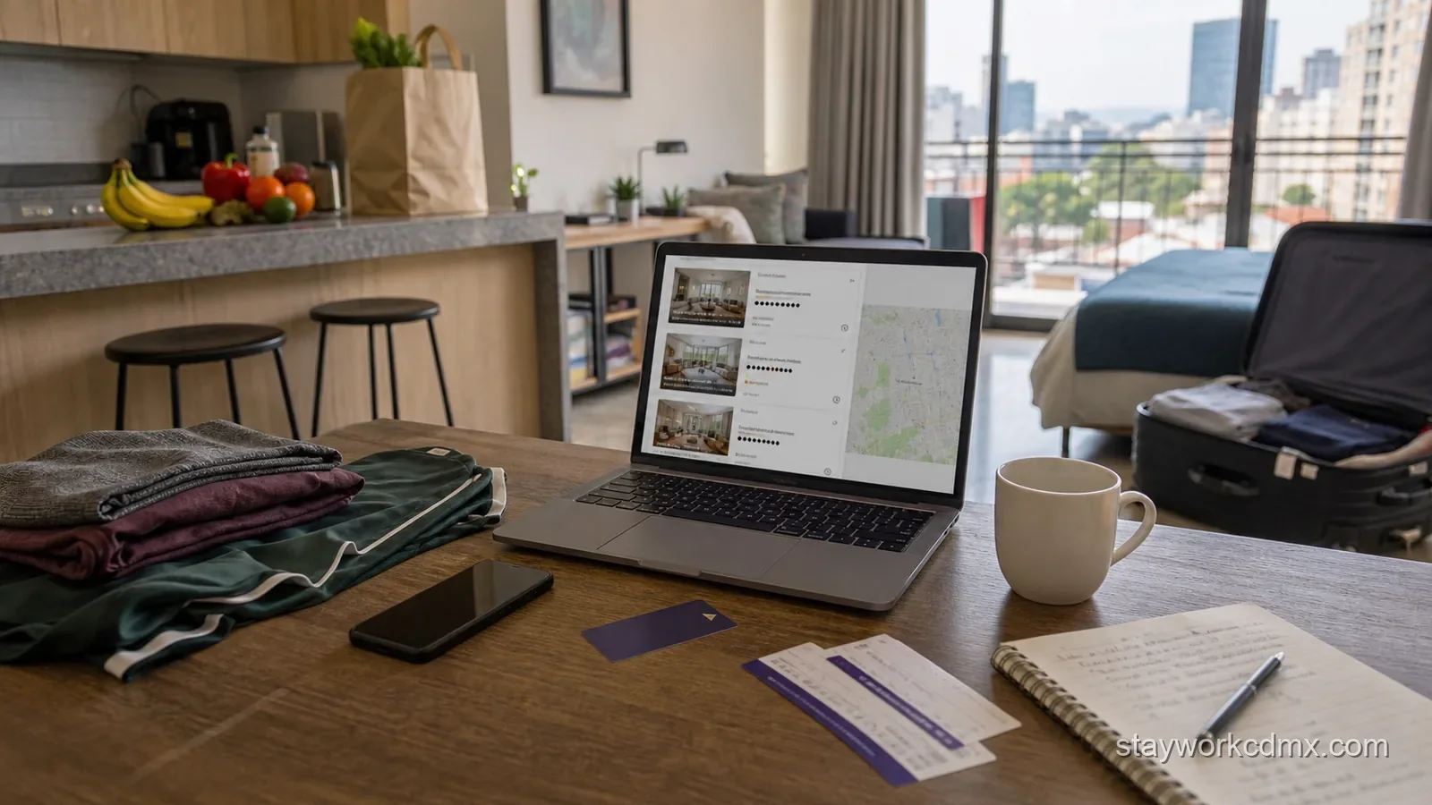 Furnished Mexico City apartment prepared for a longer World Cup stay with luggage, groceries, laundry, booking details, and workspace.