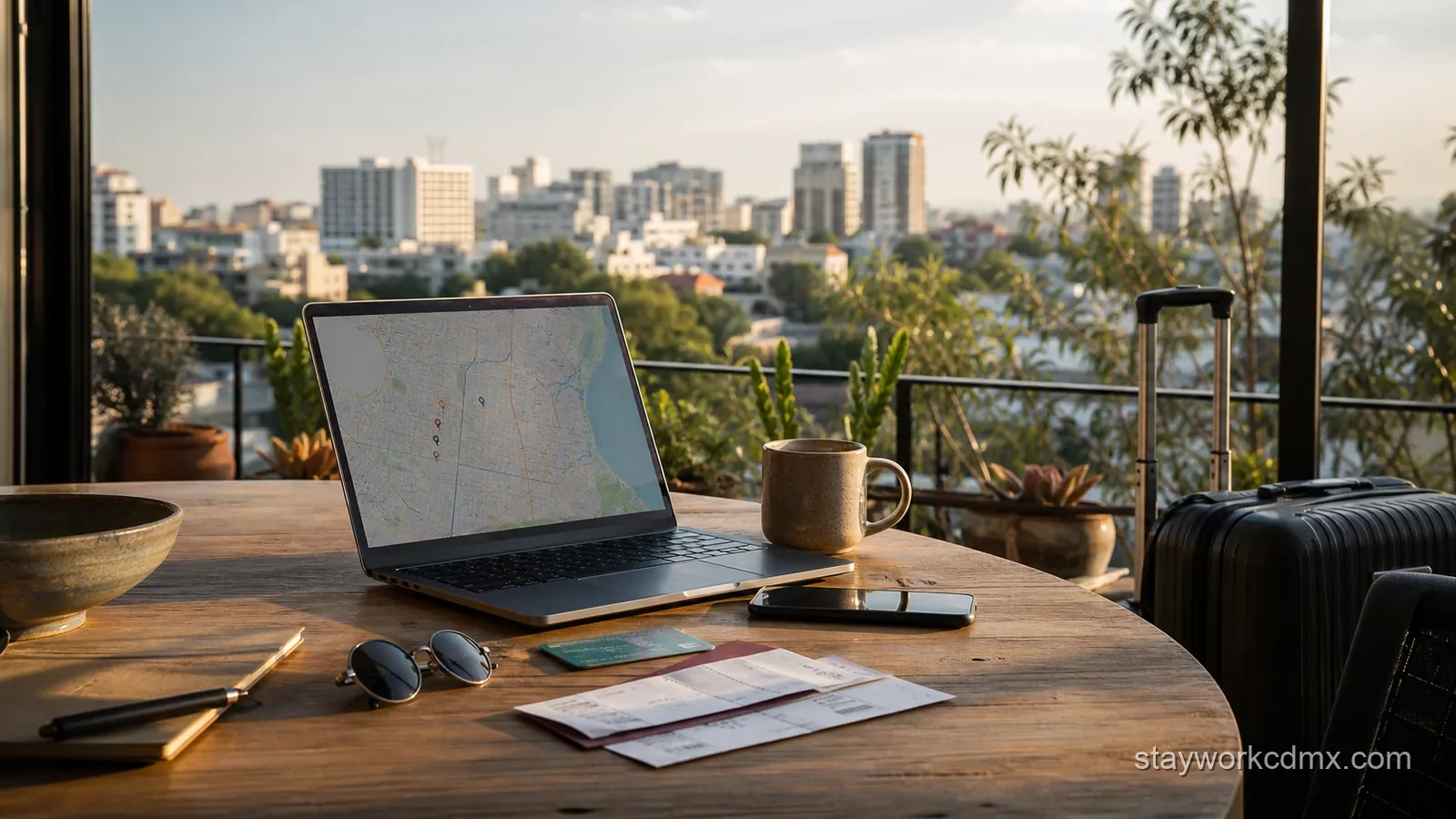 World Cup 2026 Mexico City stay-planning table with a laptop map, transit card, suitcase, and city apartment view.