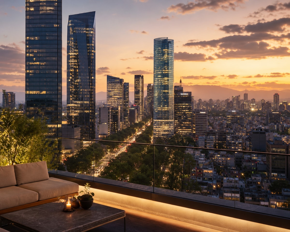 Skyline de Ciudad de México y zonas exclusivas centrales para remotos ejecutivos que comparan Polanco con Roma Norte