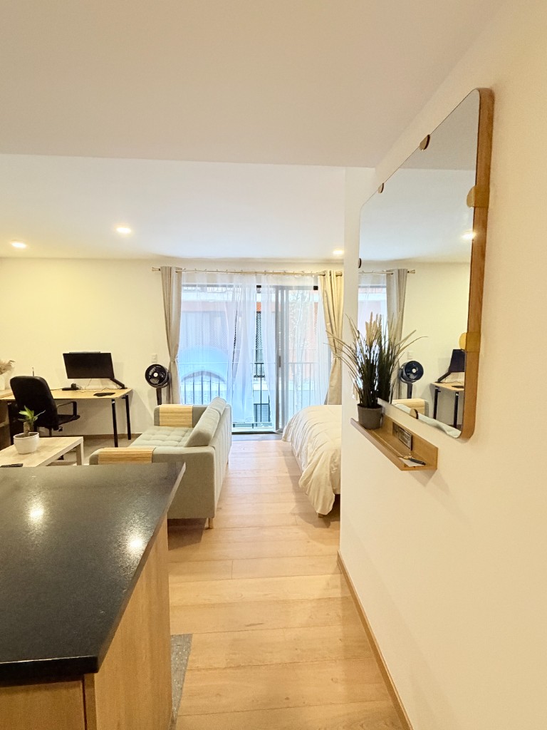 Furnished apartment entry and living area in our Roma Norte loft — real property photo.