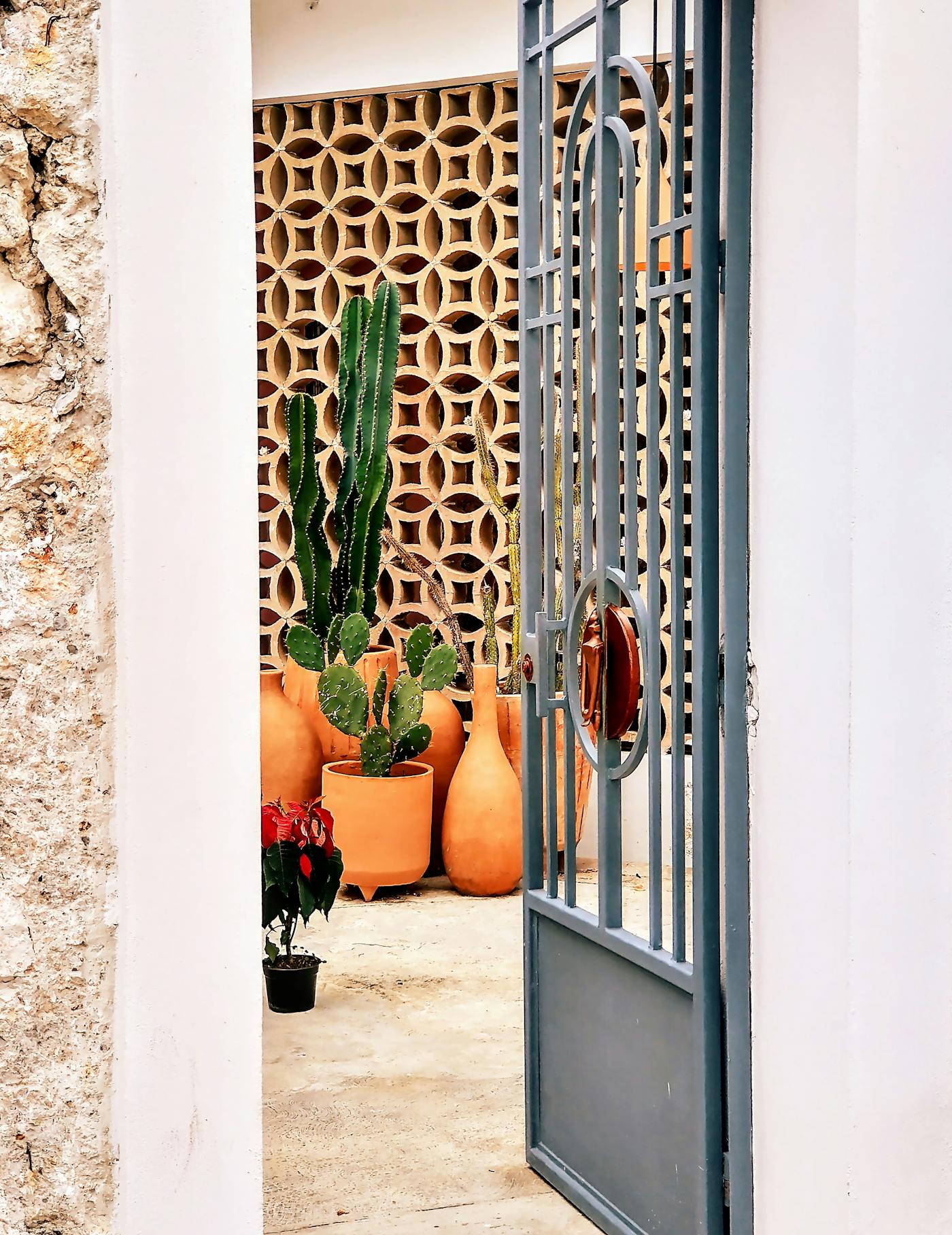 Mexican architectural courtyard with cactus planters, textured stone, breeze block detail, and a painted metal gate